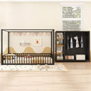 Full Size Floor Bed Frame with Wardrobe, Metal floor Bed with Storage Shelves, Black