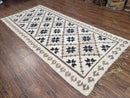 Semi Antique South American Blanket 4x8, Wool Hand-Woven Flatweave Kilim Rug, Handmade Antique Vintage Runner, Ivory & Blue, Diamond Panel