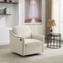 cream white fabric swivel rotating accent chair with USB and magazine book for living room and hotel bed room