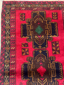 Red Afghan Balouch Rug 4x7, Triple Medallions, Handmade, New