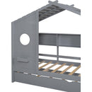 Wooden Twin Size House Bed With Trundle, Modern Design for Kids with Storage Shlef, Gray