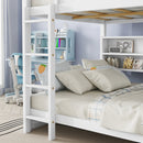 Queen Over Queen Bunk Bed with Built-in Storage Cabinets,Charging Station,Ladder,Safety Guardrails,Solid Pine Wood Bunk Bed,White