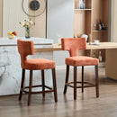 Mid Century Modern Counter Height Bar Stools Set of 2, Farmhouse Linen Fabric Upholstered Accent Chair Curved Backrest with Copper Nails around,Kitchen Chairs with Hardwood Frame, Orange