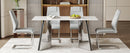 Table and chair set.63'x31.5x30' Luxurious Snow Mountain Patterned Sintered Stone Table with Silver Metal Butterfly Legs.Paried With 4 Light Gray High-quality PU Chairs With Arched Metal Legs.