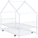 Twin Size Metal House Bed with Twin Size Trundle, White