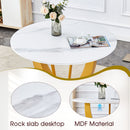Table and chair set.Luxurious Snow Mountain White Slab Round Dining Table Set - 47'x47' with 4 Black PU Chairs with Simple Line Designs On The Backrest .Golden Metal Legs.