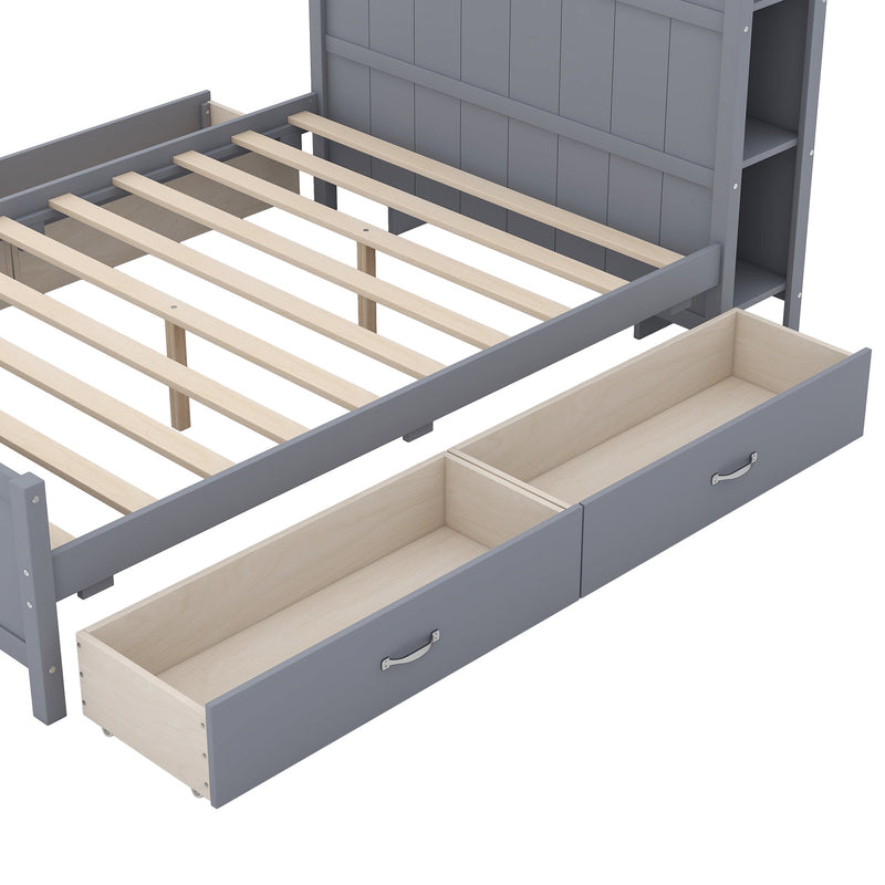 Full Size Platform Bed with Drawers and Storage Shelves, Gray