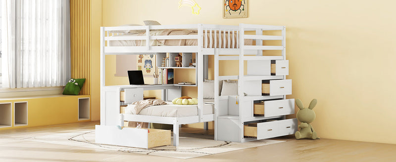 Full Over Twin Bunk Bed with Desk, Drawers and Shelves, White