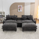 Modern Chenille Upholstered Sectional Sofa with Ottomans, USB Ports, Cup Holders, and Storage in Grey