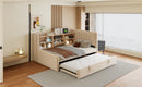 Twin Size Upholstered Daybed with Trundle, Storage Shelves, USB & Outlet (Beige)