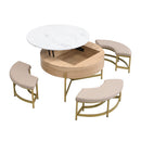 Modern Round Lift-Top Coffee Table with Storage & 3 Ottoman White & Natural