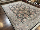 Sino Persian Rug 9x12, Navy Blue and Pink Hand Knotted Wool and Silk Highlights Vintage Oriental Carpet, Handmade Floral Area Rug 9 x 12 ft