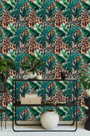 Voguish Leopard Pattern with Monstera Leaves Wallpaper Fashionable