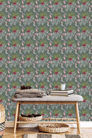 Green Wallpaper with Roses