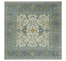 6x6 Square Hand Knotted Oriental Oushak Ivory, Charcoal and Beige Wool Area Rug