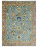 Hand Knotted Blue and Rust Traditional Oushak Area Rug