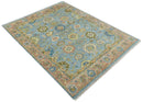 Hand Knotted Blue and Rust Traditional Oushak Area Rug