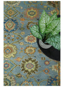 Hand Knotted Blue and Rust Traditional Oushak Area Rug
