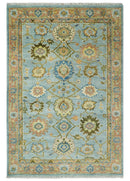 Hand Knotted Blue and Rust Traditional Oushak Area Rug
