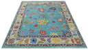 Traditional Blue and Beige Hand knotted Oushak Custom Made Wool Area Rug