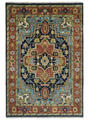 Custom Made Traditional Blue and Rust Hand Knotted Wool Area Rug