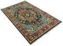 Custom Made Traditional Blue and Rust Hand Knotted Wool Area Rug