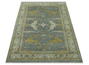 6x9 Hand Knotted Gray, Olive and Ivory Traditional Oriental Oushak wool area rug