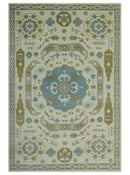 6x9 Ivory, Olive and Teal Hand Knotted Traditional Medallion Mamluk Design wool Area Rug