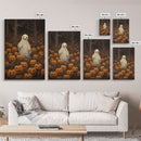 Fall Omens - Spooky Ghost In A Pumpkin Patch, Halloween Decor, Fall Art, Framed Canvas Print, Spooky Halloween Decor