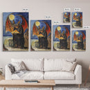 Halloween Vampire Bat with Pizza Under Full Moon Framed Canvas Print, Humorous Wall Art, Home Decor, Whimsical Decor, Gift Idea, Spooky Fun