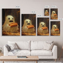 CHOMP! Cute Lil Ghost Eatin' a Dog, The Hot Dog Ghost, Haunted Hot Dog Thief, Framed Canvas Print, Halloween Art