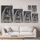 Melancholic Ghost Bride Having A Slice of Birthday Cake, Framed Canvas Print, Halloween Decor