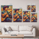 Country Cowboy playing guitar under a colorful sunset, pop art style Framed Canvas Print - music decor, country music art, vibrant wall art