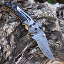 7" Handmade Damascus Pocket Knife with Pocket Clip - Blue Pakka Wood Handle - Damascus Bolster WH 3531 -CP