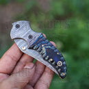 7" Handmade Damascus Pocket Knife with Pocket Clip - Blue Pakka Wood Handle - Damascus Bolster WH 3531 -CP
