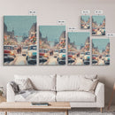 Retro Christmas Parade on Snowy Main Street with Classic Cars and Holiday Decorations, Framed Canvas Print for Christmas Wall Decor