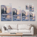 Cabin In Snowy Forest Framed Canvas Print Wall Art Winter Landscape Decor, Cozy Christmas Art Gift, Rustic Winter Wonderland Art