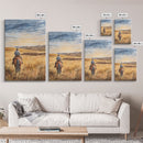 Cowboy leading cattle across golden prairie, Framed Canvas Print, western landscape wall art for rustic farmhouse decor, gift idea holiday