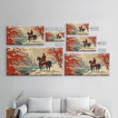 Cowboy resting by campfire under aspen trees with mountains in background, Framed Canvas Print, rustic wall art, warm western decor piece