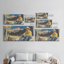 Bold monochromatic Framed Canvas Print showcasing a woman in a cowboy hat with horses in a snowy mountain landscape, rustic winter wall art
