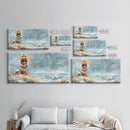 Coastal Christmas Lighthouse Decor Framed Canvas Print, Snowy Beach Scene with Holiday Wreath and Lighthouse Winter Wall Art