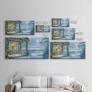 Rustic snowy mountain cabin with Christmas lights, Framed Canvas Print a cozy winter scene, perfect for winter wonderland wall decor