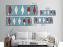 Red & White Diamonds - Framed Canvas Print - Rustic / Distressed MCM Mashup Home Decor - Turquoise Background