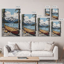 Canoe in the Mountains Framed Canvas Print, Abstract Pacific Northwest Oil Painting Print, Oregon or Washington Wall Art