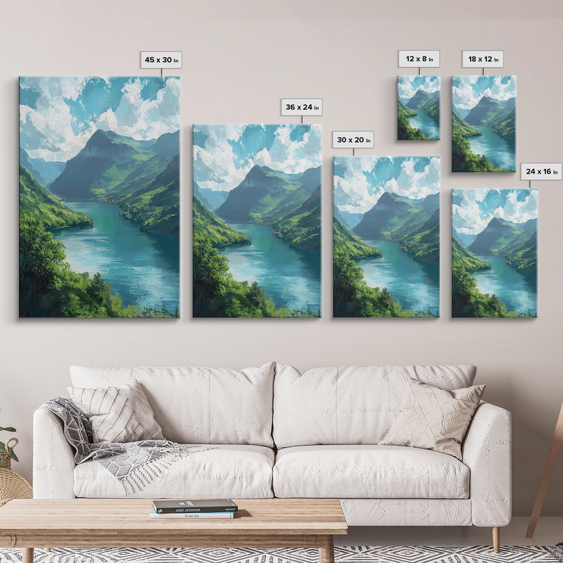 Spring In The Valley Framed Canvas Print, Watercolor Landscape Paintin