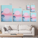 Vaporwave Sunset Framed Canvas Print with Wood Frame, Boho Style Minimalist Home Decor, Vertical Wall Art, Beach Painting