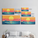 Retro Sunset Over The Ocean, Framed Canvas Print, Beautiful Synthwave Horizontal Wall Art