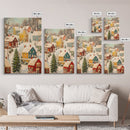 Retro Christmas Village Wall Art For Above Mantle, Framed Canvas Print, Christmas Home Decor, Christmas Wall Art, Christmas Postcard Art