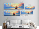 Japanese Sailboat on a Calm Sea, Framed Canvas Print, Panoramic Seascape Landscape Painting, Nautical Home Decor, Ocean Painting