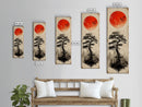 Bold Red Sun Pine Tree Framed Canvas Print Japanese Inspired Minimalist Wall Art Rustic Zen Decor Unique Vertical Nature Artwork